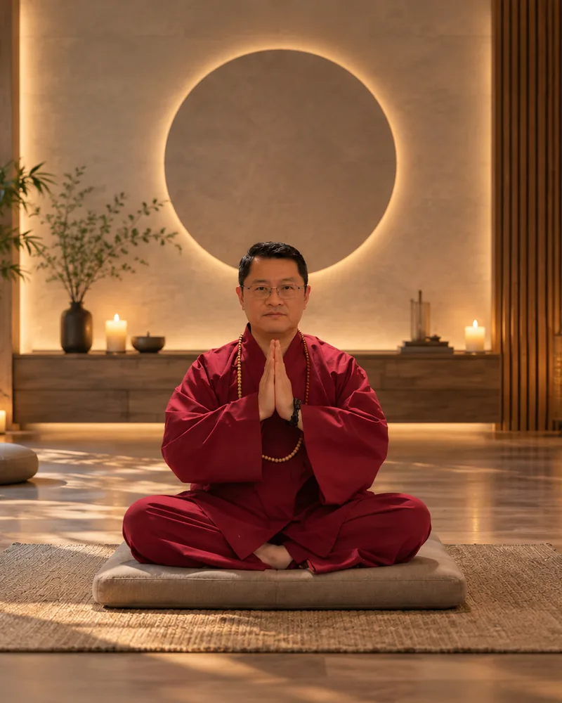 Huan Minh Vuong meditating with hands together on a cushion in a calm meditation hall lit by candles
