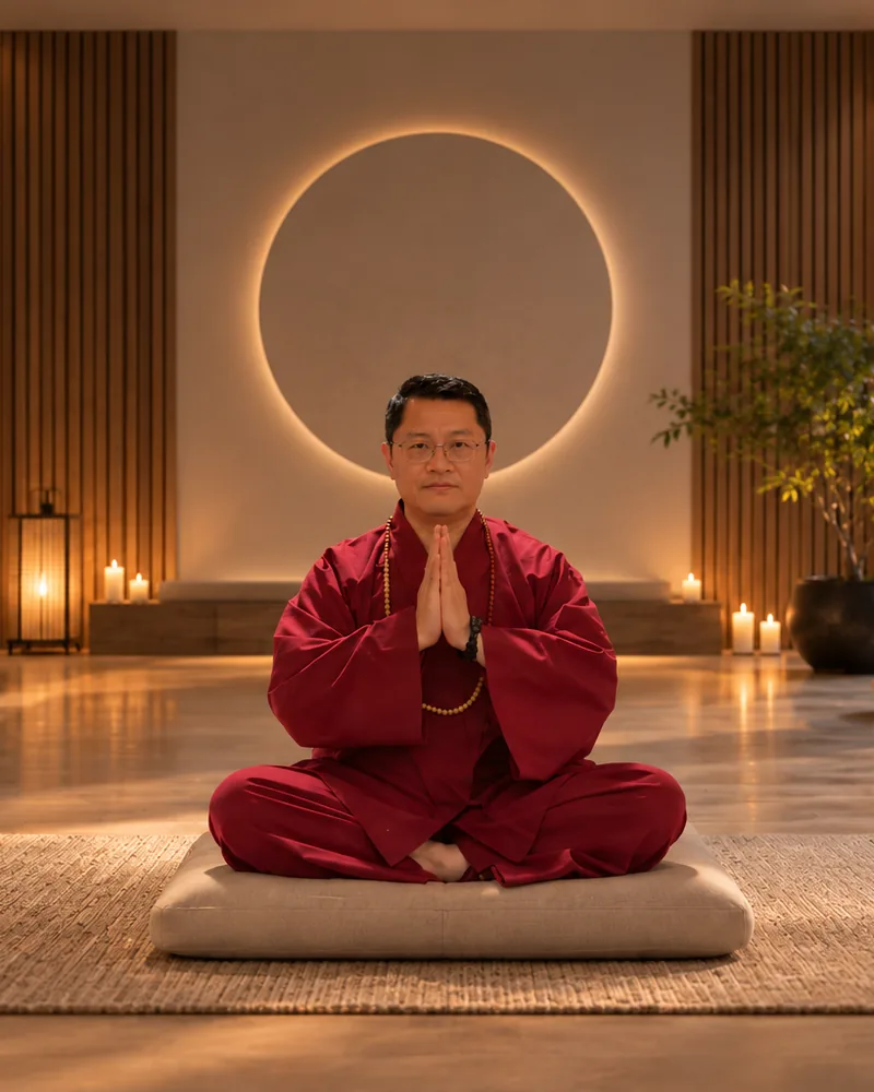 Huan Minh Vuong meditating with hands together on a cushion in a calm meditation hall lit by candles