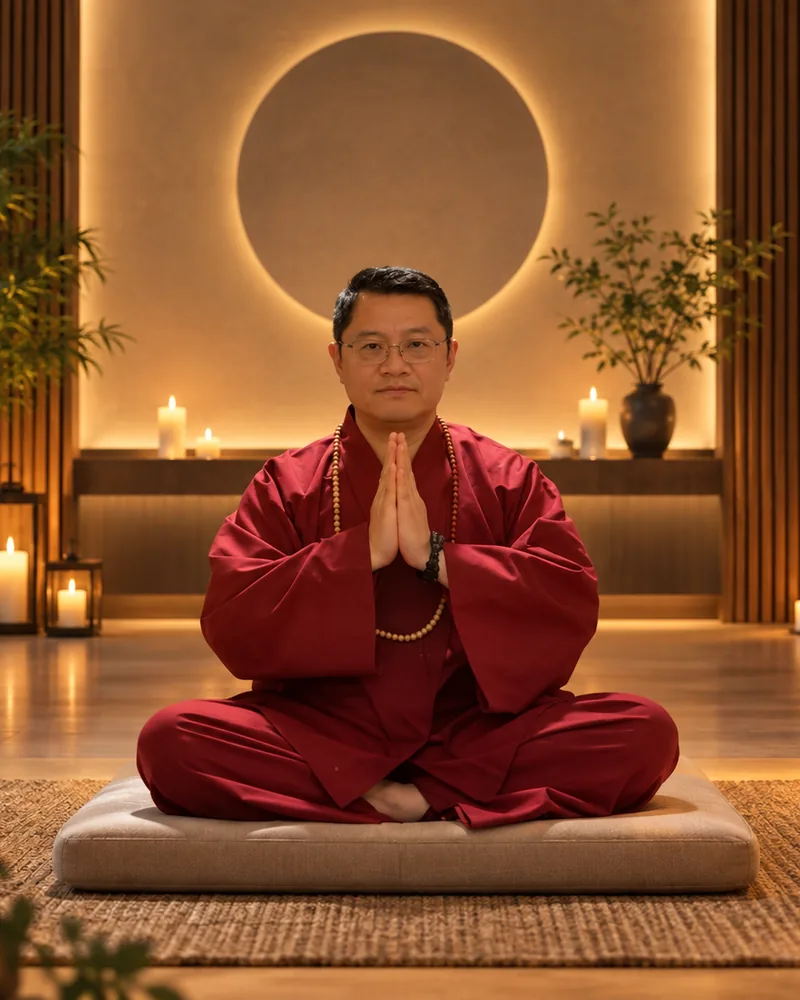 Huan Minh Vuong meditating with hands together on a cushion in a calm meditation hall lit by candles