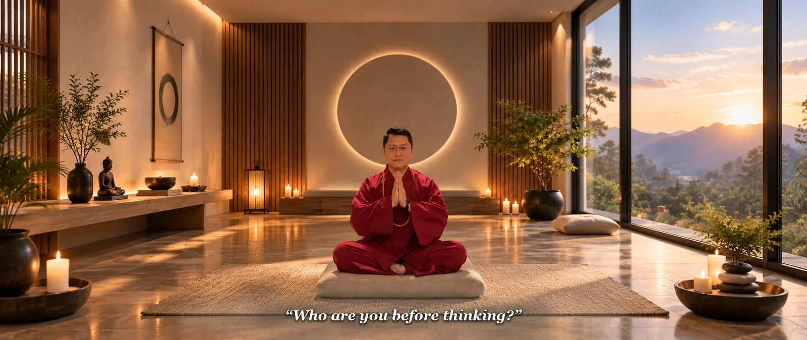 Huan Minh Vuong thiền trong một căn phòng yên tĩnh lúc hoàng hôn, với câu hỏi: Bạn là ai trước khi suy nghĩ? (chữ trong ảnh bằng tiếng Anh)