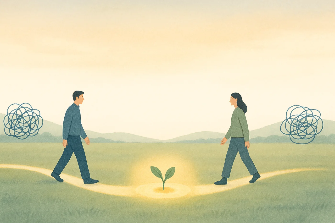 Two people who have each stepped back from their own tangle walk toward each other and meet at a glowing common ground where a seedling grows