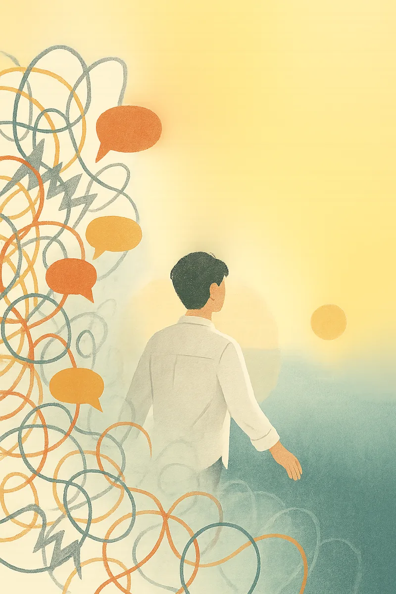 A person takes one step back from a tangle of noise and speech bubbles toward a calm, open sunrise