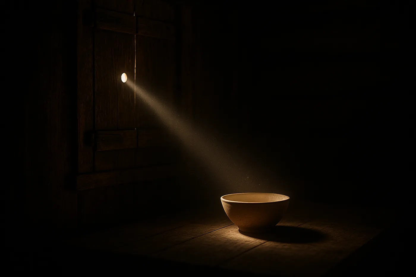 A thin beam of sunlight through a small hole in a wooden shutter lights only a ceramic bowl in a dark room